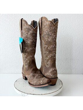 Lane Calypso Brown Cowboy Boots Western Cowgirl Snip Toe Mid Calf Tall Size 9